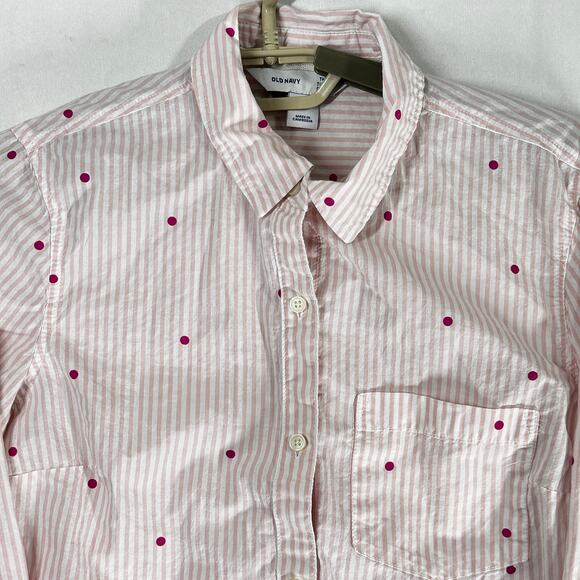 Old Navy Tunic Shirt Size S Pink White Striped Polka Dots 100% Cotton Button Up - Picture 5 of 8